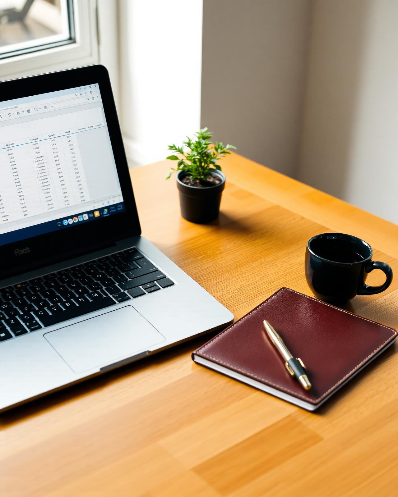 Calm professional bookkeeping workspace with laptop, notebook and coffee